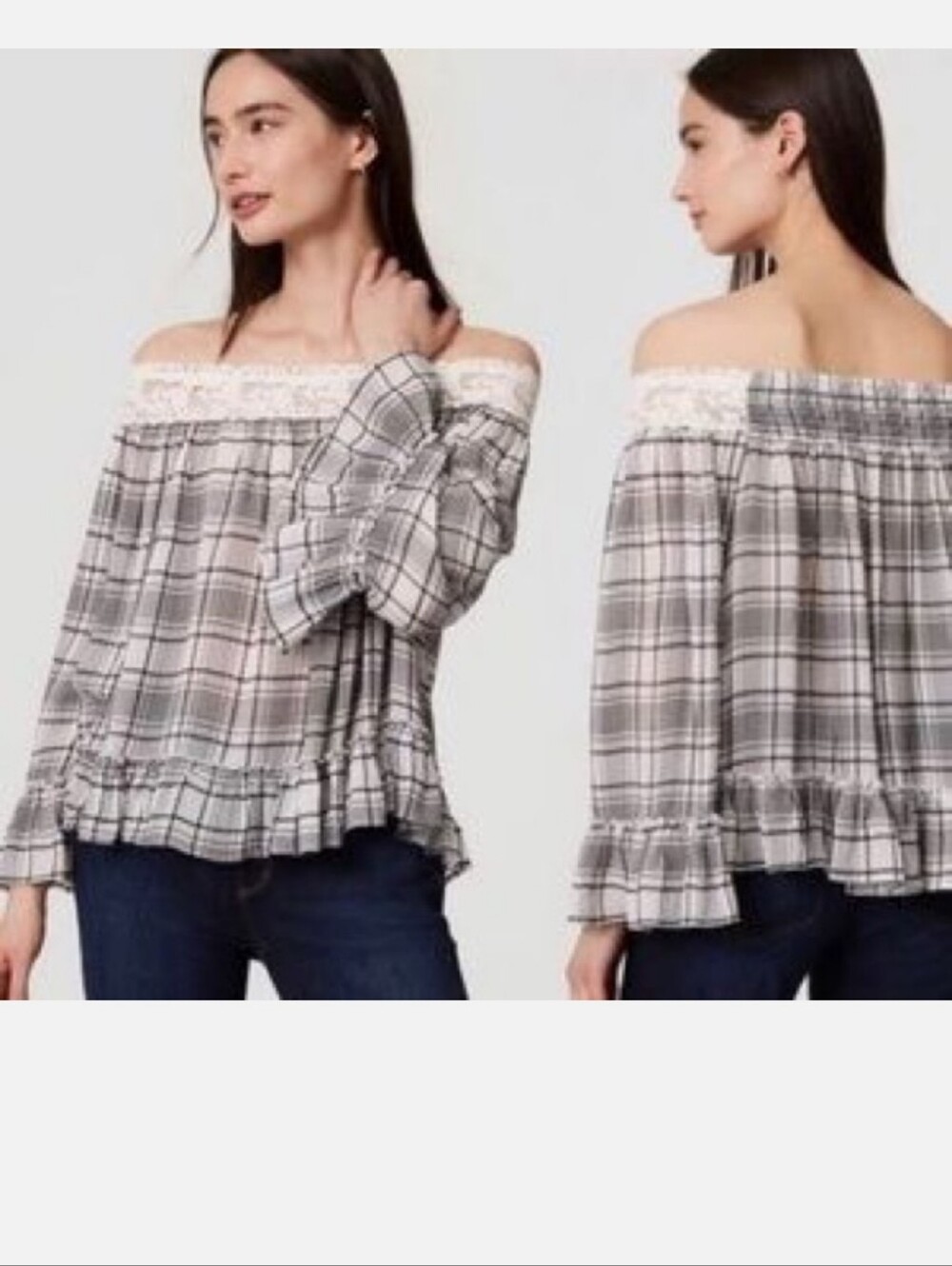 Loft Plaid Off The Shoulder Top Lace Trim Size Small